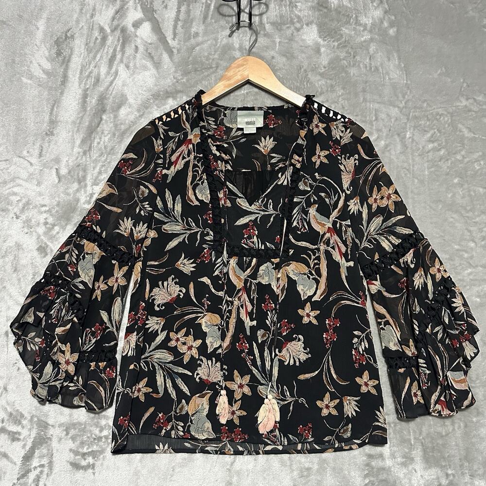 Anthropologie Maeve Floral Odette Top Womens Size S Black Whimsigoth Bell Sleeve